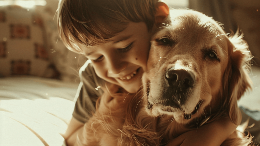 A boy hugging his dog