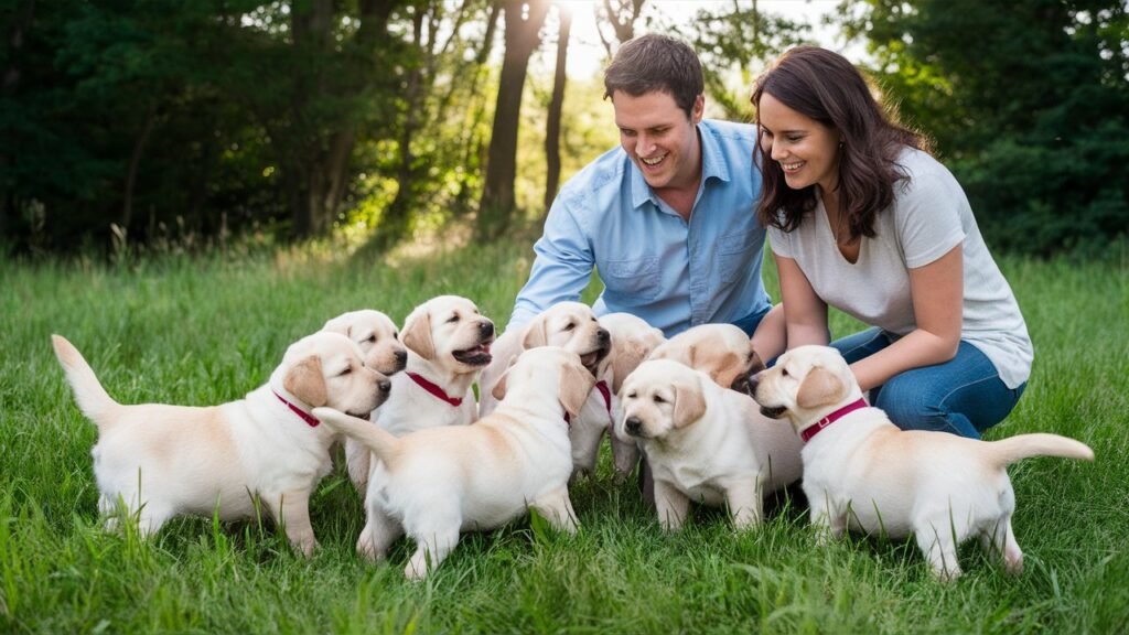 a-couple-meeting-a-litter of labrador puppies