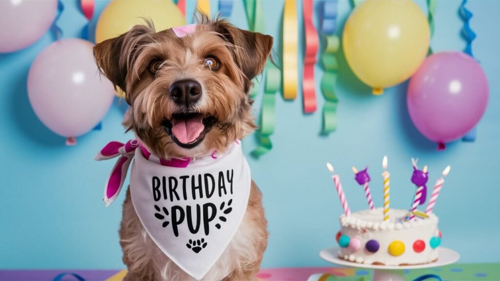 A dog wearing his birthday bandana