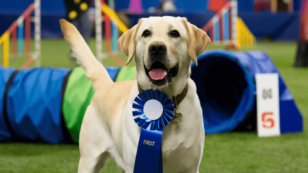 A Labrador Retriever wearing his winning first place ribbon for agility.