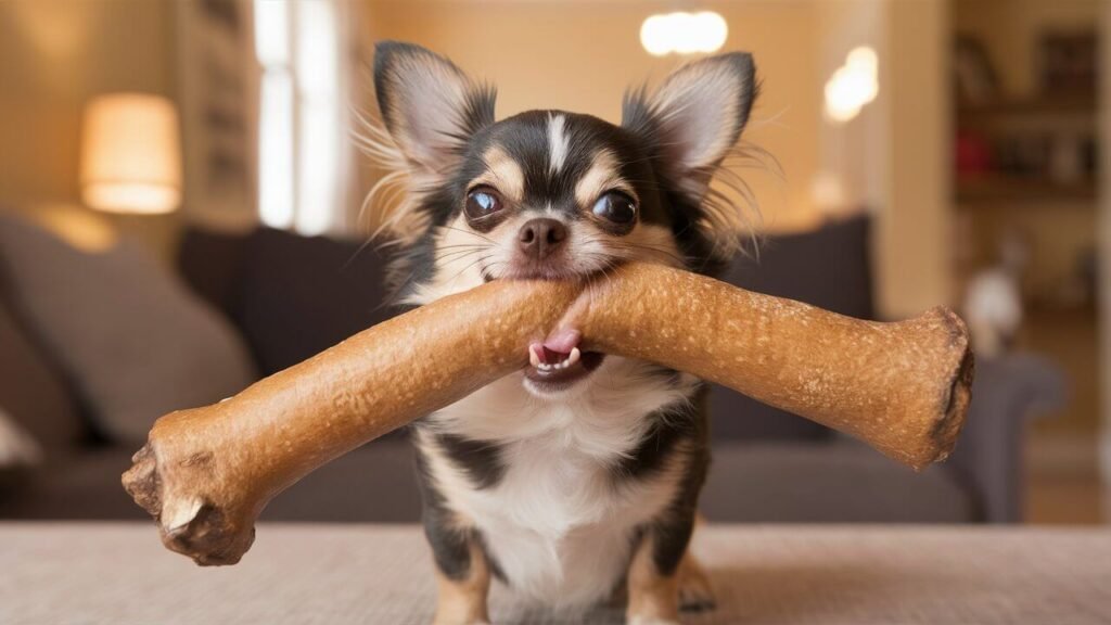 -a-small-chihuahua eating a large rawhide treat