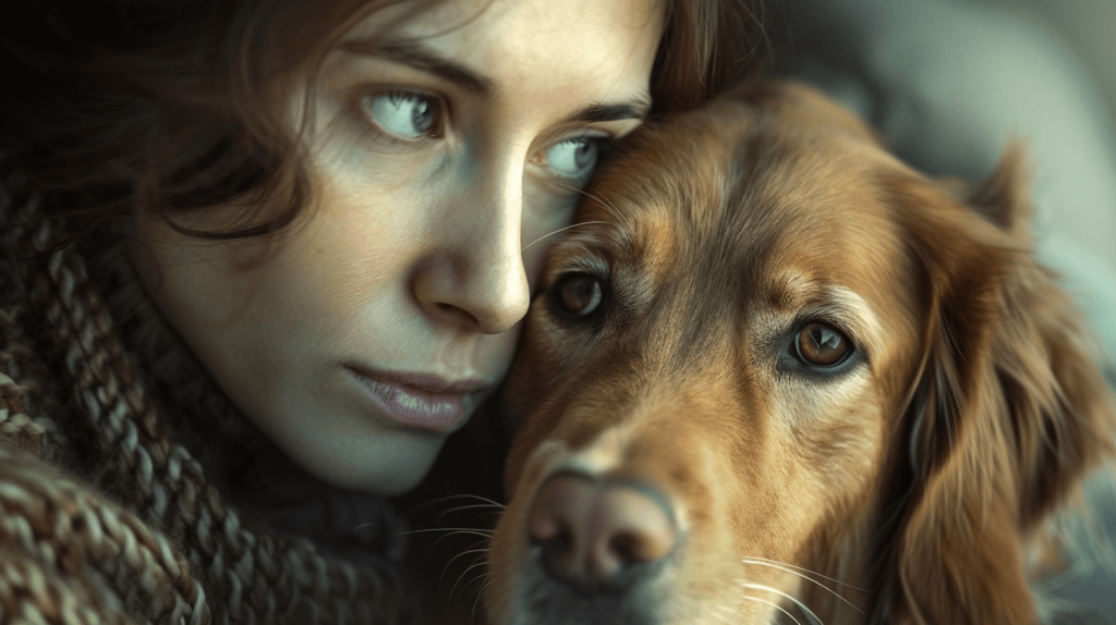 A woman reassuring her dog