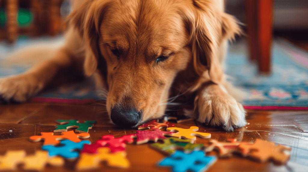 Dog playing with a puzzle toy