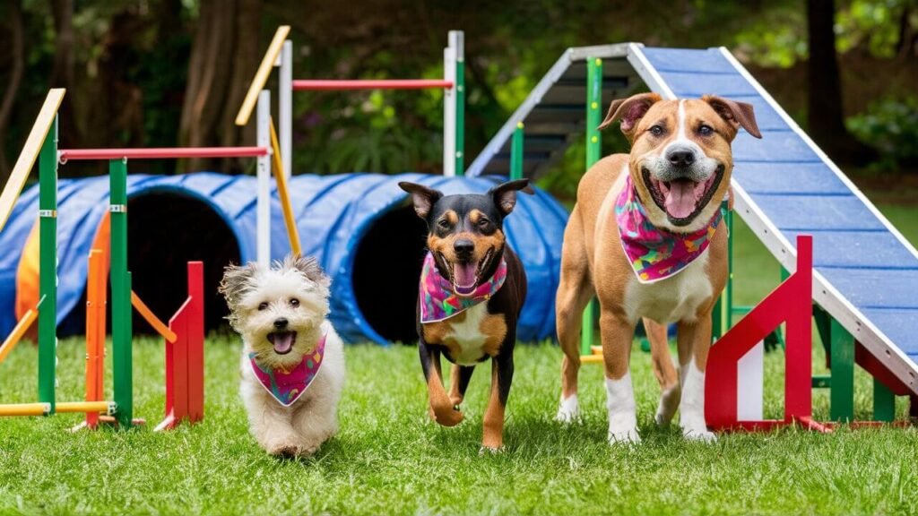 Three dogs at an agility course